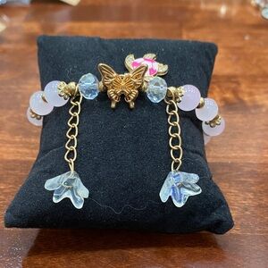 Gold Butterfly Charm Bracelet with Pink and Clear Beads